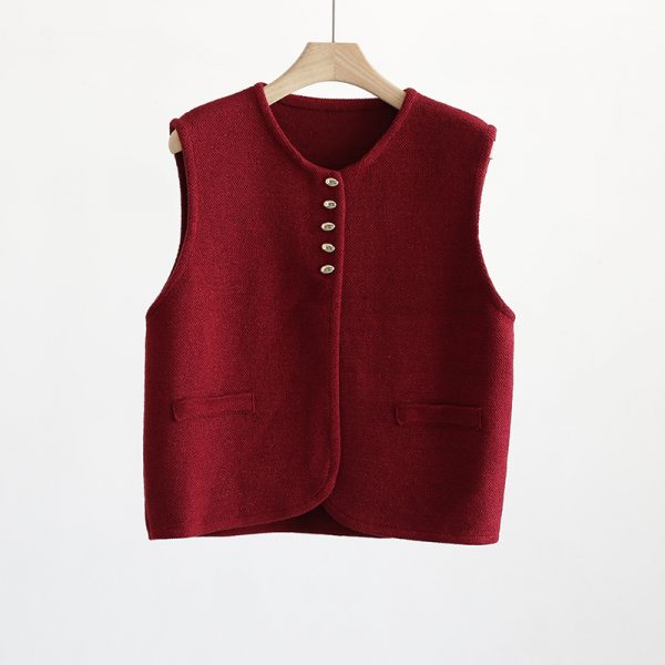 Static Luxury Old Money Style Round Neck Golden Bean Buckle Knitted Vest