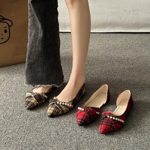 New Vintage Scoop Pointed Beaded Knot Plaid Low Heel Shoes