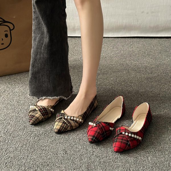 New Vintage Scoop Pointed Beaded Knot Plaid Low Heel Shoes