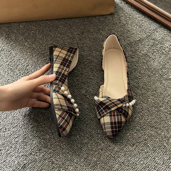 New Vintage Scoop Pointed Beaded Knot Plaid Low Heel Shoes