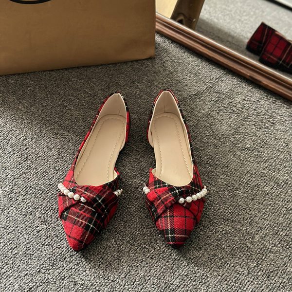 New Vintage Scoop Pointed Beaded Knot Plaid Low Heel Shoes