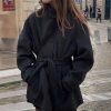 Womens Wool Coat With Belt Mock Neck And Solid Color