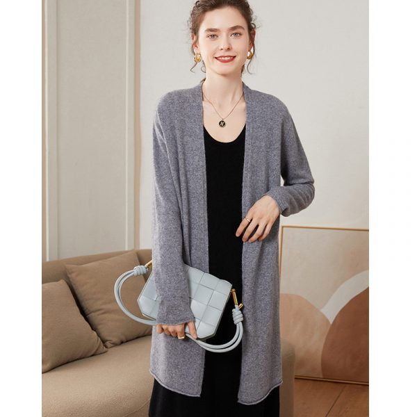 Ribbed Solid-Color Cashmere Knit Cardigan For Women Long-Sleeve Mid-Length Outerwear
