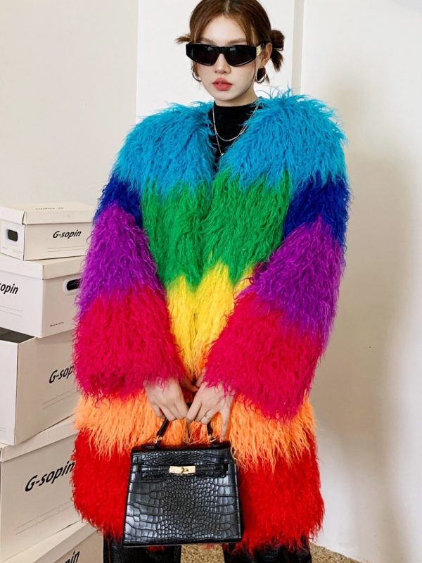 Contrast-color Plush Patchwork Coat Winter Lambswool Coat