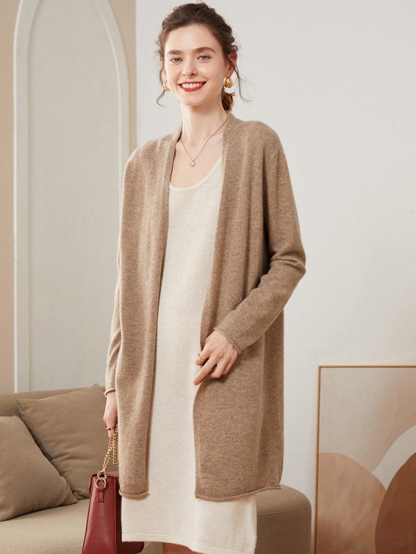 Ribbed Solid-Color Cashmere Knit Cardigan For Women Long-Sleeve Mid-Length Outerwear