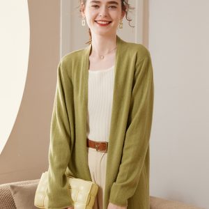 Ribbed Solid-Color Cashmere Knit Cardigan For Women Long-Sleeve Mid-Length Outerwear