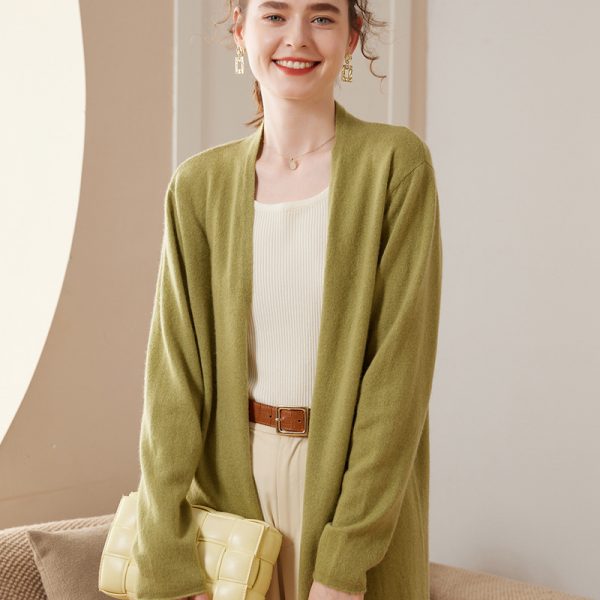 Ribbed Solid-Color Cashmere Knit Cardigan For Women Long-Sleeve Mid-Length Outerwear