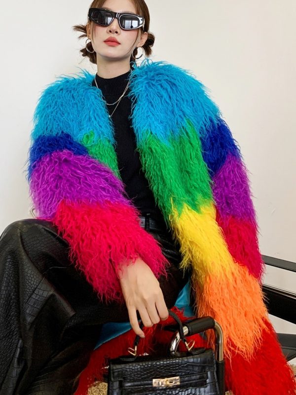 Contrast-color Plush Patchwork Coat Winter Lambswool Coat