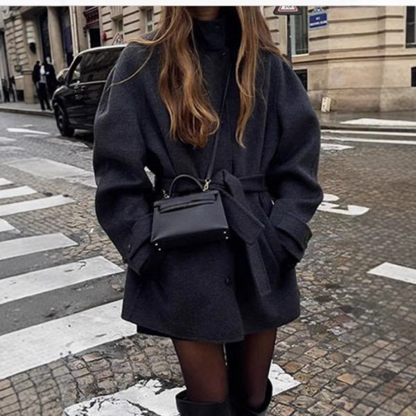 Womens Wool Coat With Belt Mock Neck And Solid Color