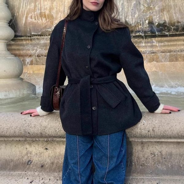 Womens Wool Coat With Belt Mock Neck And Solid Color