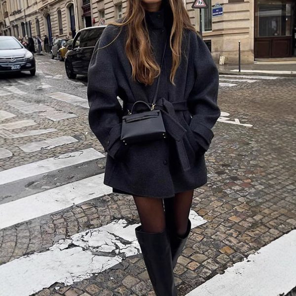 Womens Wool Coat With Belt Mock Neck And Solid Color