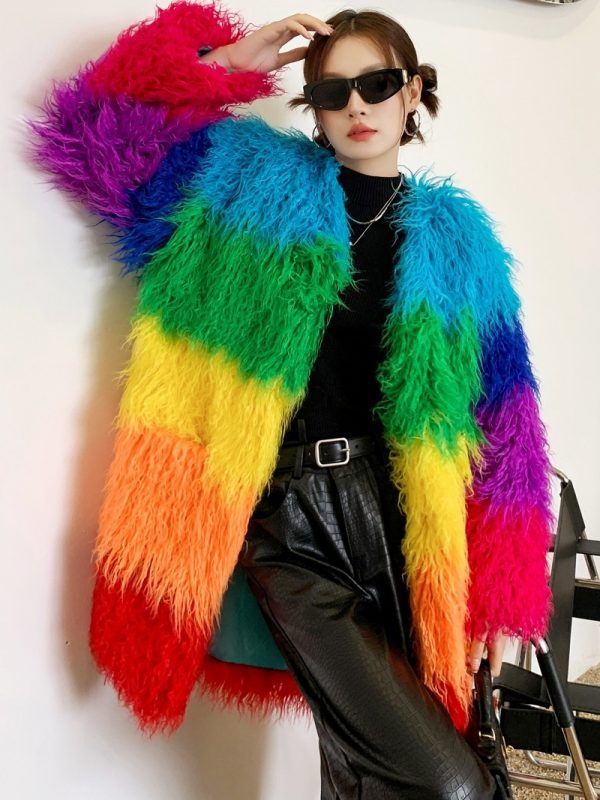 Contrast-color Plush Patchwork Coat Winter Lambswool Coat