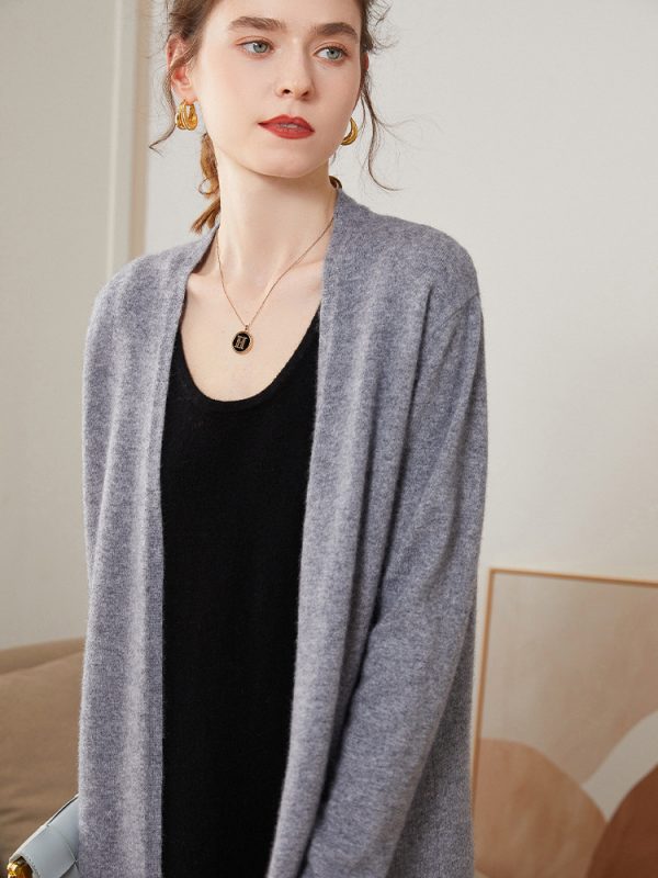 Ribbed Solid-Color Cashmere Knit Cardigan For Women Long-Sleeve Mid-Length Outerwear
