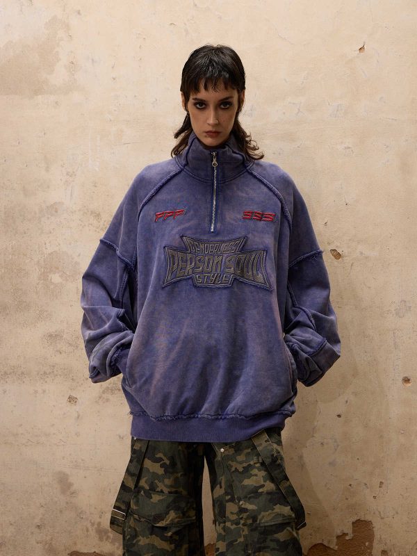 Embroidered Tie-Dye Textured Stand-Up Collar Sweatshirt