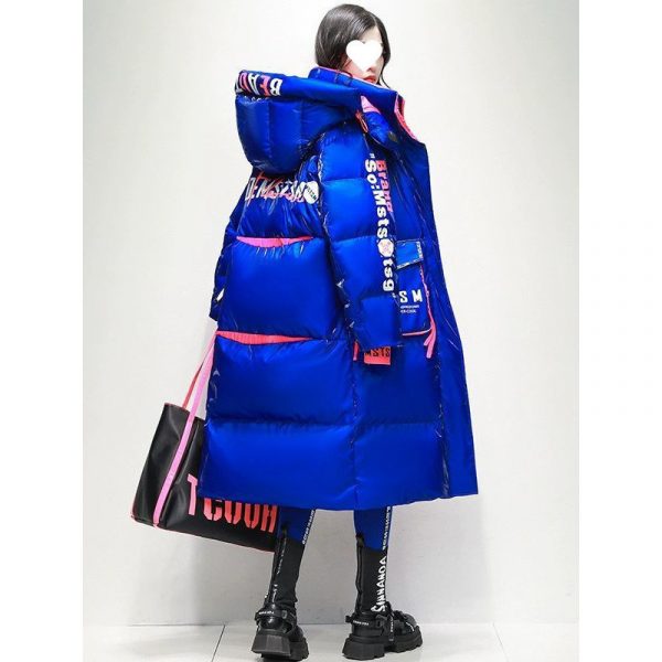 Womens Winter Loose Western-Style Over-the-Knee Long Thermal Patchwork Down Jacket