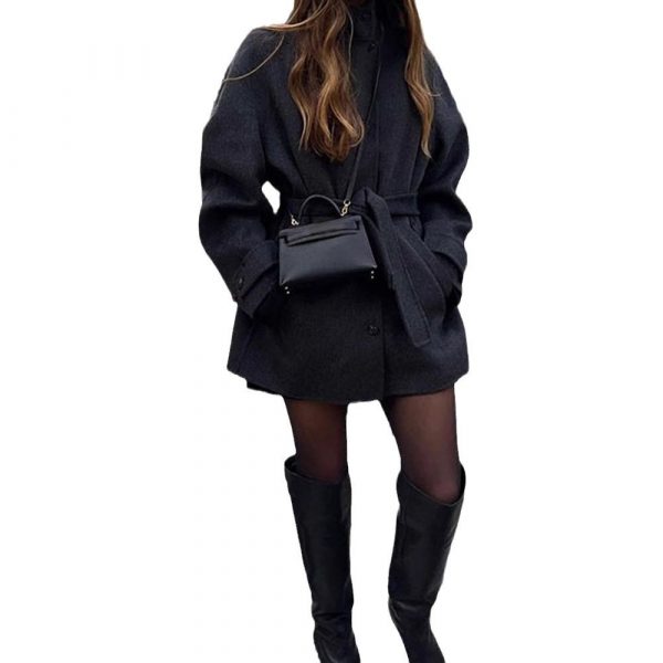 Womens Wool Coat With Belt Mock Neck And Solid Color