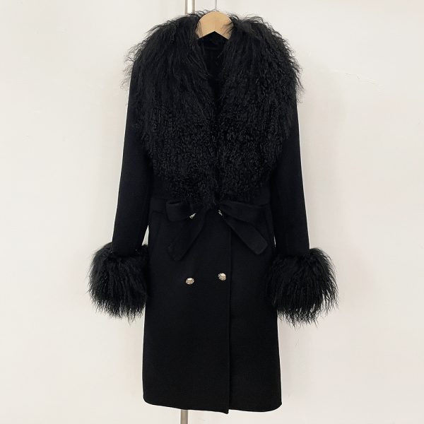 Long Double-faced Wool Coat With A Shearling Collar