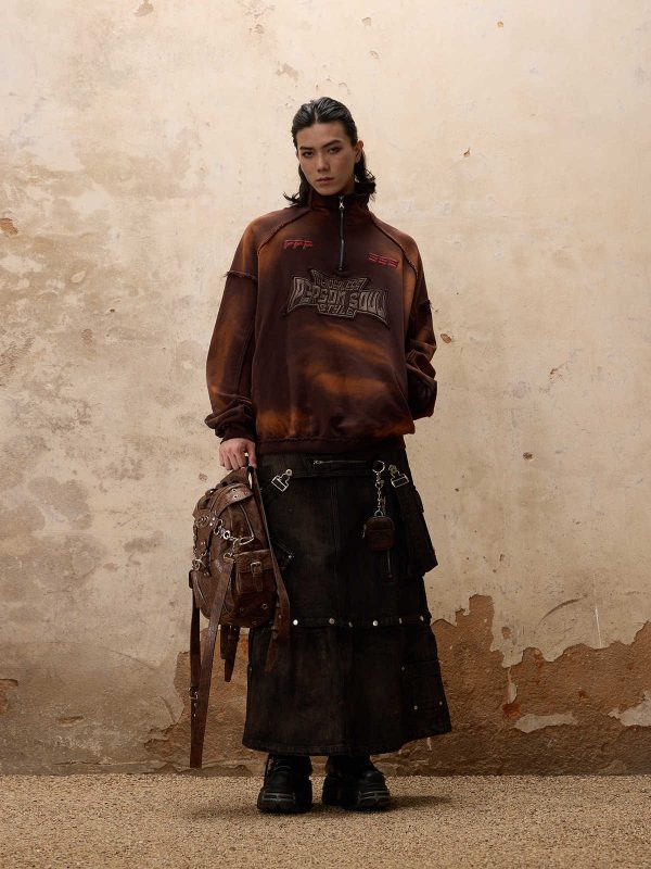 Embroidered Tie-Dye Textured Stand-Up Collar Sweatshirt